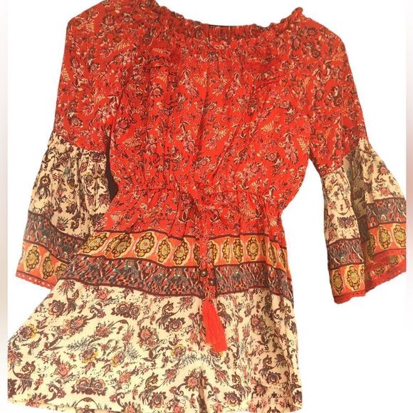 NWT Angie Girls Red Summer Romper Jumpsuit Elastic Neck Waist Wide Long Sleeves - Picture 5 of 8